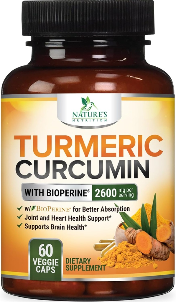 Curcumine curcumine supplément 2600mg - 95% Curcuminoides avec Turcuma biologique et extrait de poivre noir BioPerine pour la meilleure absorption, support de joint végétalien naturel, non-OGM, mis en bouteille aux États-Unis - 60 Capsules