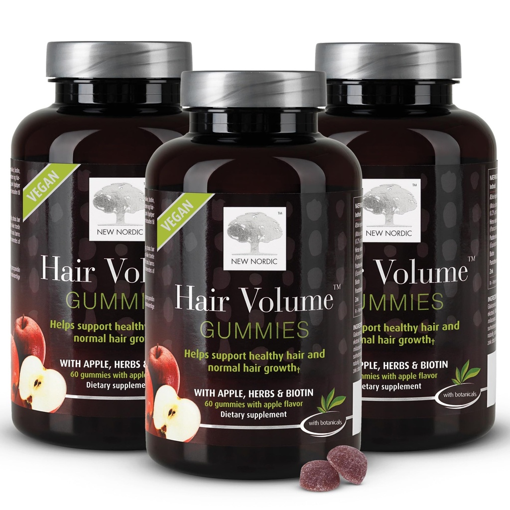 Nouveau volume de cheveux NORDIC Gommies, 2500 mcg Biotine, supplément quotidien de vitamines capillaires pour soutenir la peau et les ongles des cheveux, Vegan, 60 comte (paquet de 3)