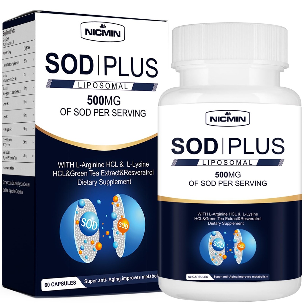 Supplément Superoxide Dismutase 500mg - SOD En plus du glutathion liposomique, AKG, Extrait de thé vert, L-Arginine, Lysine, Resvératrol et Vitamine E pour le support immunitaire, Antioxydant 60 Capsules