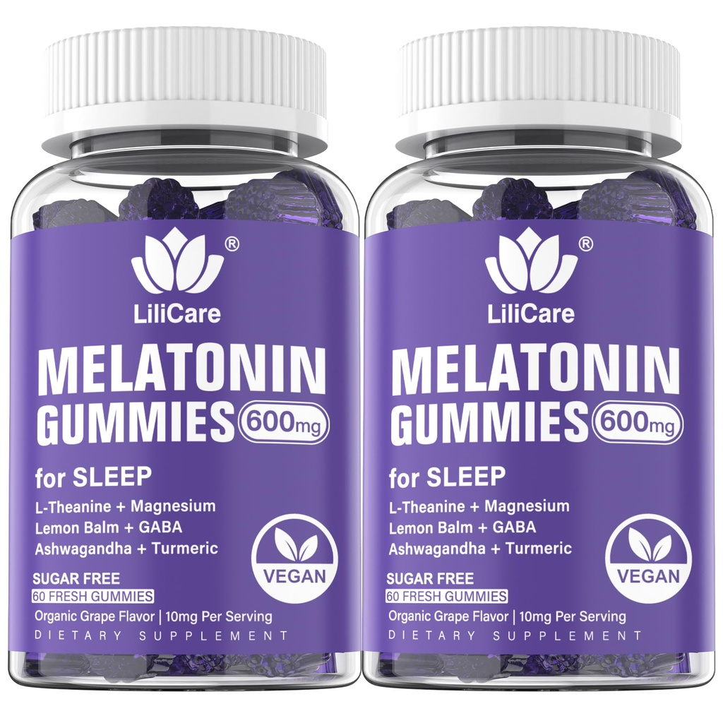 Mélatonine 20mg Gummies pour adultes (2 packs) Extra Strength avec L-Theanine, Ashwagandha, Magnésium, Turmeric, GABA, Lemon Baume et Camomille pour soutenir le rythme circadien sain, le parfum de raisin