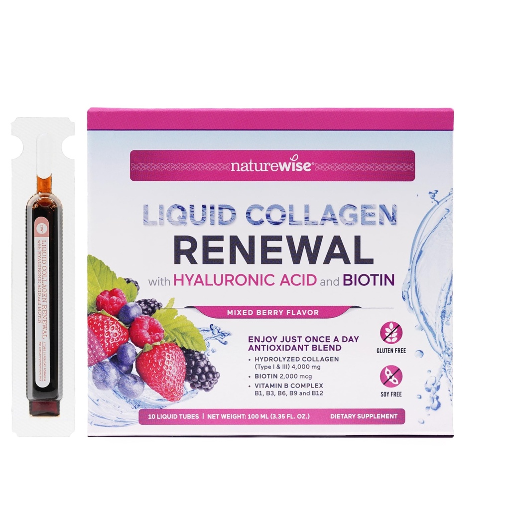 NatureWise Collagène liquide hydrolysé pour les femmes et les hommes 4000mg - Haute absorption, types 1 et 3 Peptides avec Biotine + Vitamine C + Vitamine B complexe et acide hyaluronique - Berry mixte - 10 tubes[10 jours]