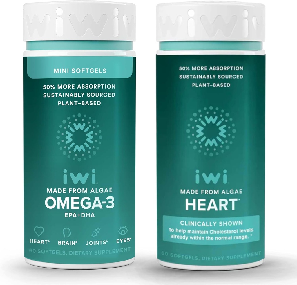 Iwi Omega-3 Minis & Heart Omega-3 Bundle, 30 portions, Algae à base végétale végétalien Omega 3, Krill & Fish Oil Alternative, aucun arrière-goût de poisson