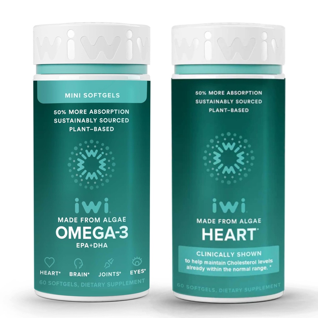Iwi Omega-3 Minis & Heart Omega-3 Bundle, 30 portions, Algae à base végétale végétalien Omega 3, Krill & Fish Oil Alternative, aucun arrière-goût de poisson