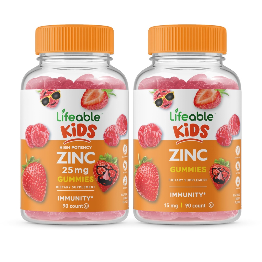 Zinc Lifeable 25mg Enfants + Zinc Enfants, Gommies Bundle - Grande dégustation, supplément de vitamine, sans gluten, sans OGM, gommy à croquer
