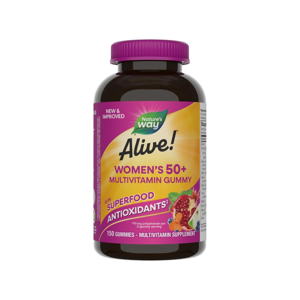 Nature's Way Alive! Women’s 50 Plus Multivitamin Gummy, Daily Chewable Multivitamins with B-Vitamins, Vitamin D3, Calcium, Supports Heart, Brain & Bone Health,* Mixed Berry Flavored, 150 Count