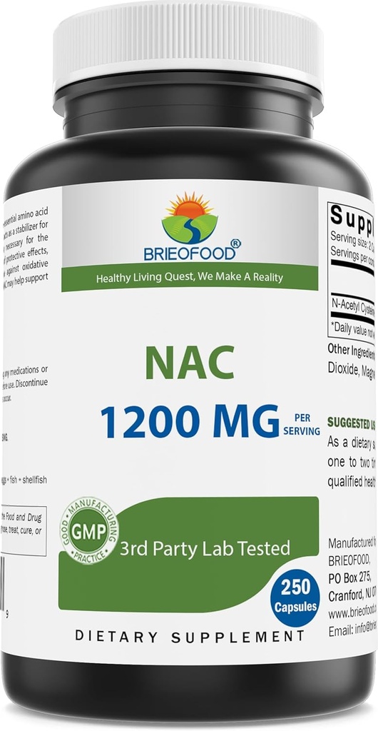 Brieofood Supplément NAC N-acétyl Cysteine 1200 mg par portion 250 Capsules - Supplément de soutien immunitaire
