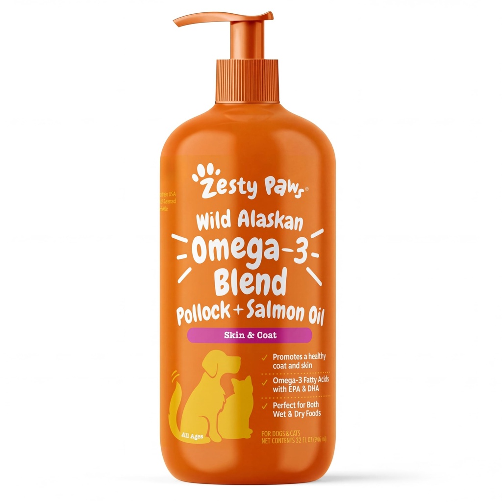 Zesty Paws Wild Alaskan Omega-3 Blend Pollock + Huile de saumon pour chiens et chats- Skin and Coat Support, Omega 3 Supplément pour animaux de compagnie, 32oz
