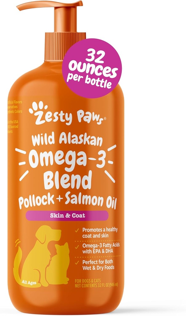 Zesty Paws Wild Alaskan Omega-3 Blend Pollock + Salmon Oil for Dogs and Cats- Skin and Coat Support, Omega 3 Supplement for Pets, 32oz