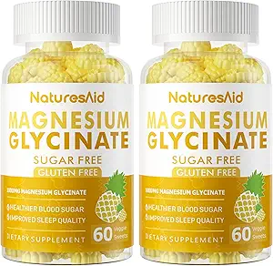 Glycinat de magnésium Gommies 1000mg - Supplément de potassium de magnésium sans sucre avec vitamine D, B6, CoQ10 pour l'humeur calme et le soutien du sommeil - 60 Gommies d'ananas -1 Pack