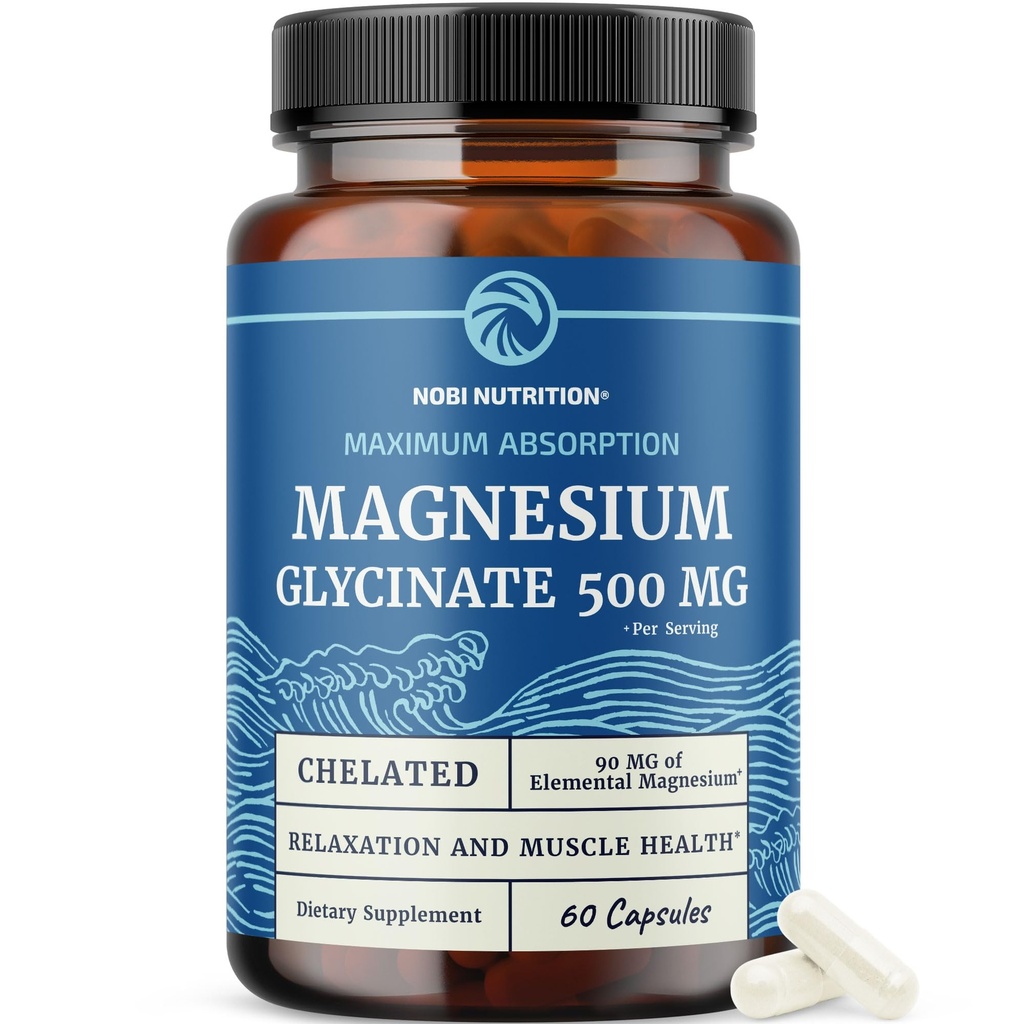 Magnésium Glycinate 500mg.Chélaté pour une absorption élevée.Détente musculaire, os, coeur, nerf, sommeil et calme.
