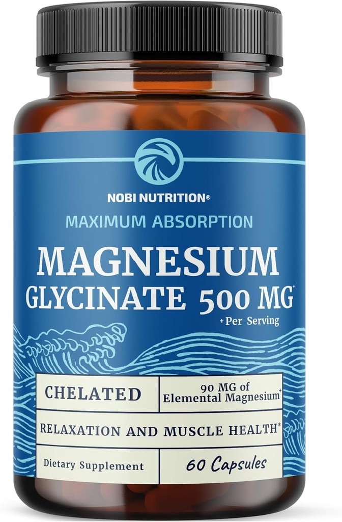 Magnésium Glycinate 500mg.Chélaté pour une absorption élevée.Détente musculaire, os, coeur, nerf, sommeil et calme.