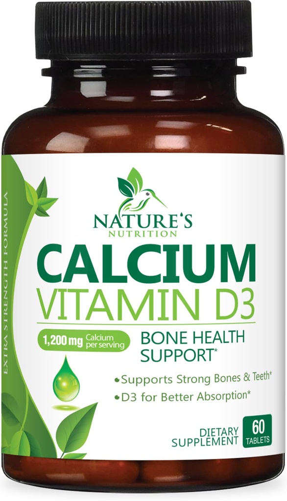 Supplément de calcium 1200 mg - avec la vitamine D3 pour la meilleure absorption - Supporte la santé immunitaire, les os et les dents - Le carbonate de calcium de la nature + 1600 UI de D3 - mis en bouteille aux États-Unis pour les femmes et les hommes - 60 comprimés