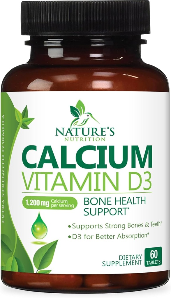 Supplément de calcium 1200 mg - avec la vitamine D3 pour la meilleure absorption - Supporte la santé immunitaire, les os et les dents - Le carbonate de calcium de la nature + 1600 UI de D3 - mis en bouteille aux États-Unis pour les femmes et les hommes - 60 comprimés