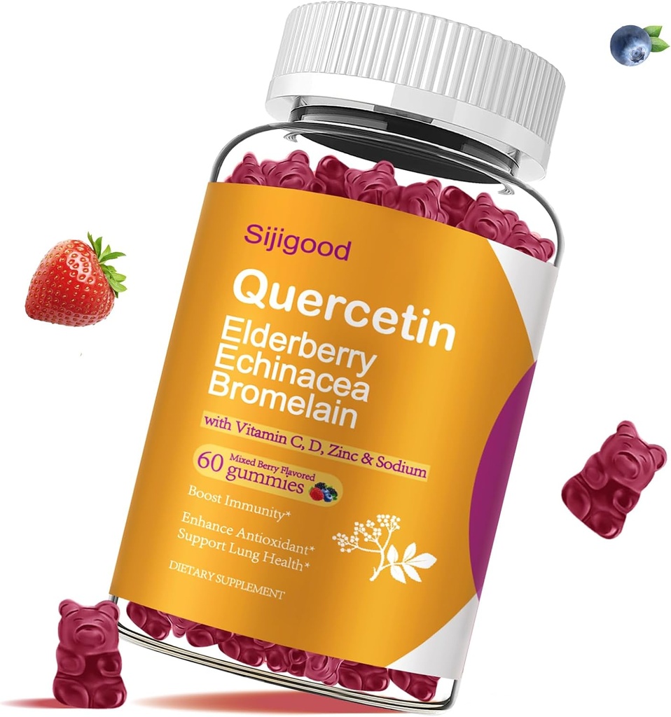 Gummies Quercetin avec Bromelain, Elderberry, Echinacea, Vitamine C D Zinc - Système immunitaire Soutien 60 compte Gummies Quercetin pur pour les enfants et les adultes