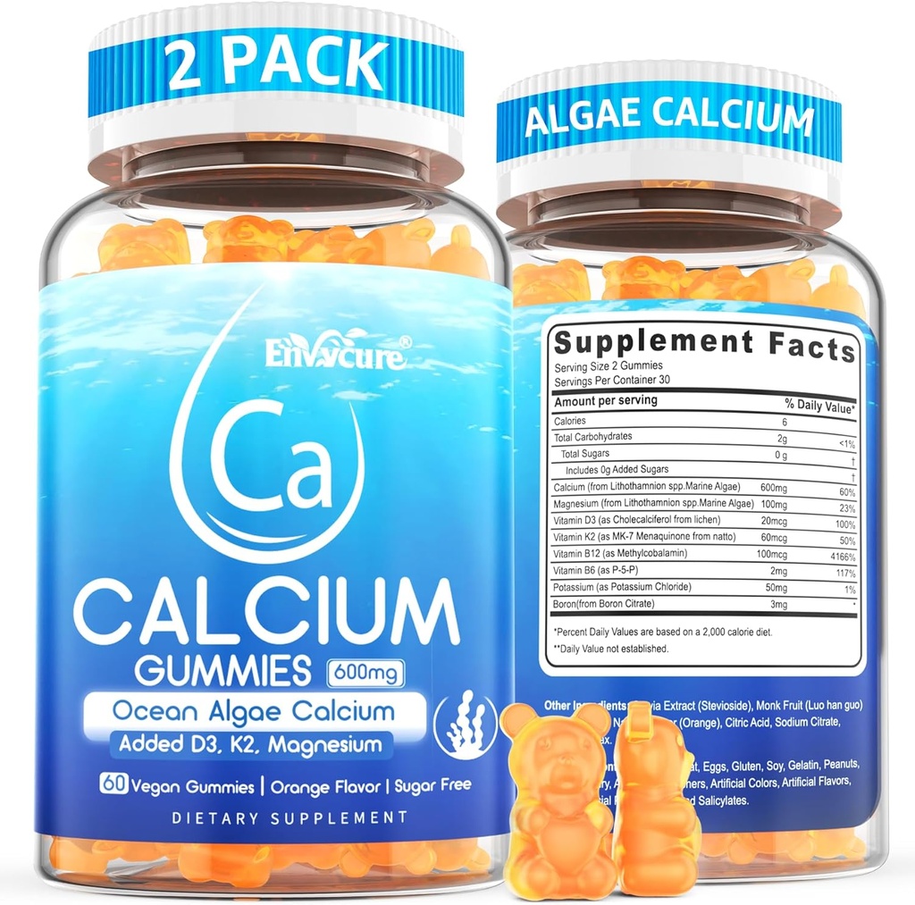 Gommies de calcium 600mg - Supplément de calcium pour les femmes, Calcium d'algues océaniques, vitamine D3, K2, magnésium pour la force osseuse, musculaire et immunitaire