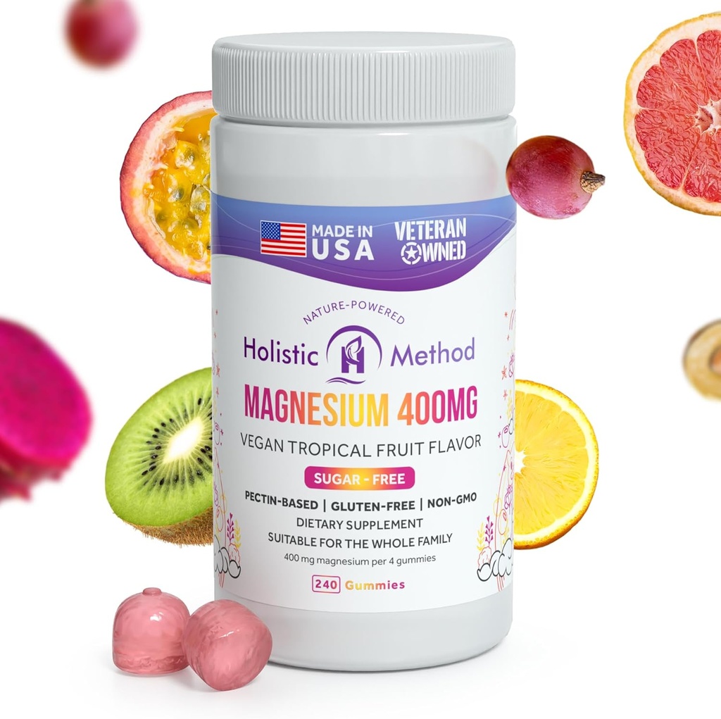 Gummées de citrate de magnésium - Sans sucre, végétalien et non-OGM pour mieux dormir et se détendre - Pas d'alcool sucré - Supplément de magnésium pour adultes, adolescents et enfants - Fruits tropicaux - 240 Chews