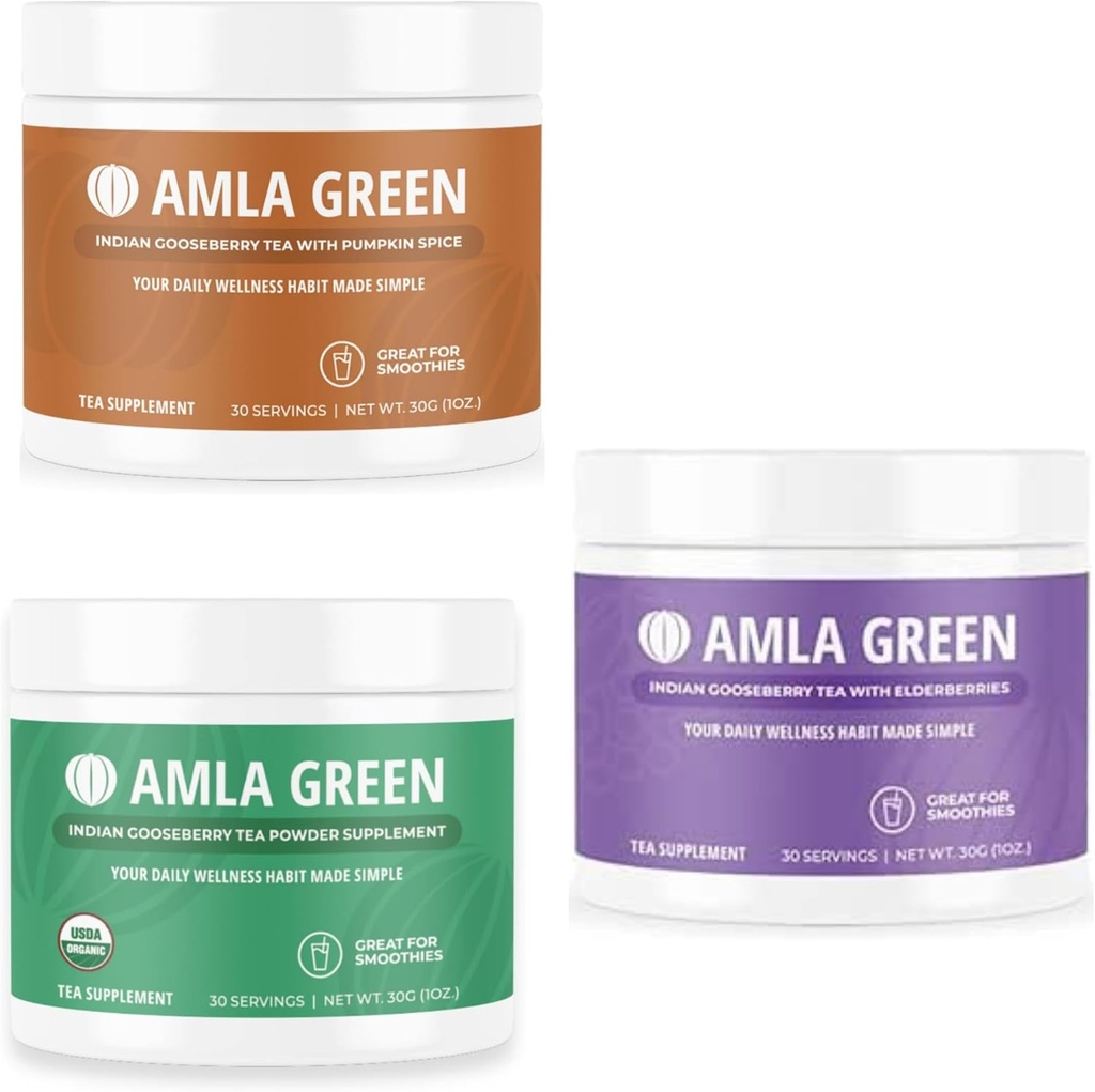 Poudre d'amla, supplément de thé vert Superfood avec citrouille Spice & Gooseberry & Elderberry, biologique, végétalien, 30 portions