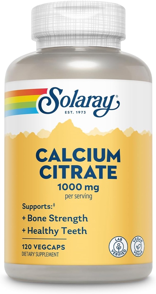 Solaray Citrate de calcium 1000mg - supplément calcium chélaté - soutient la force osseuse et les dents saines - facile à digérer - garantie de 60 jours, végétalien - 30 portions, 120 VegCaps