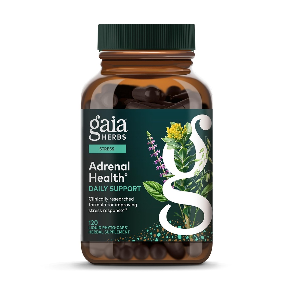 Gaia Herbs Adrenal Health Daily Support - Supplément à base de plantes avec Ashwagandha, Holy Basil & Schisandra - Aidez à maintenir des niveaux d'énergie et de stress sains* - 120 Capsules Phyto-Liquides Vegan (120 jours d'approvisionnement)