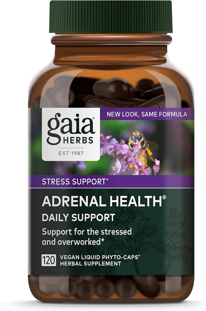 Gaia Herbs Adrenal Health Daily Support - Supplément à base de plantes avec Ashwagandha, Holy Basil & Schisandra - Aidez à maintenir des niveaux d'énergie et de stress sains* - 120 Capsules Phyto-Liquides Vegan (120 jours d'approvisionnement)