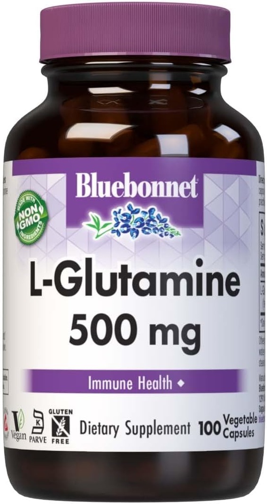 Bluebonnet Nutrition L-Glutamine 500mg, soutient la fonction immunitaire*, transporteur d'azote*, sans soja, sans gluten, non-OGM, certifié Kosher, végétalien, 100 capsules végétales, 100 portions