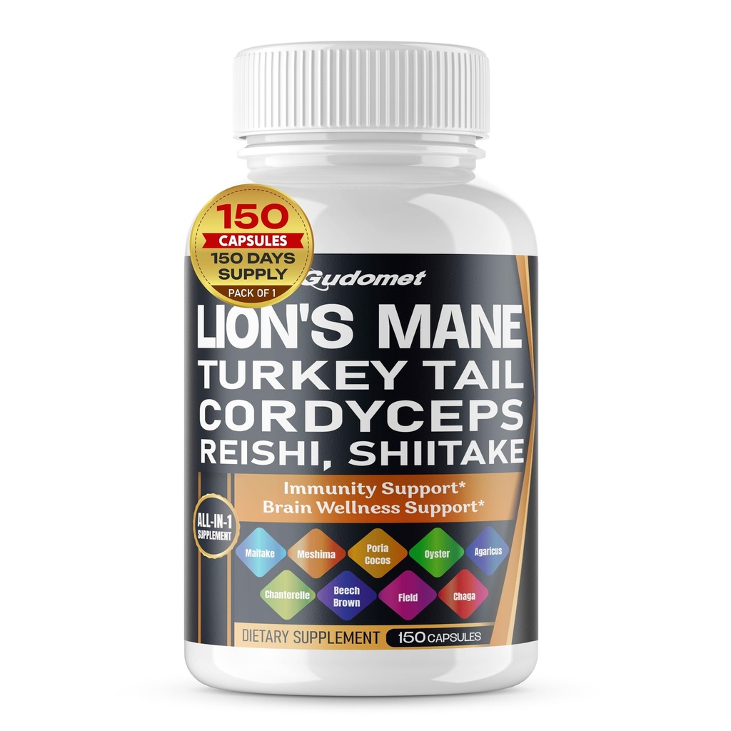 Bio Lion's Mane Turkey Tail Cordyceps Reishi Shiitake Maitake Meshima Poria Cocos Oyster Champignon Agaricus Chaga Shiitake Champignon de neige -150 Capsules- Fabriqué aux États-Unis