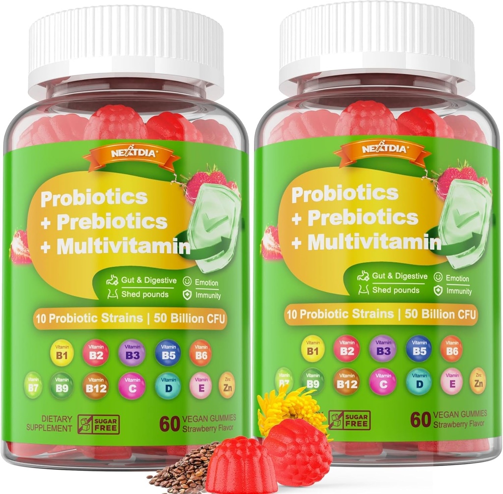 Probiotiques végétaliens Gummies pour les femmes et les hommes - Suppléments de prébiotiques fibreux de 50 milliards d'UFC Probiotiques, Inuline, Psyllium Husk & Multivitamine pour Gut, Digestion et santé immunitaire,2 Pack