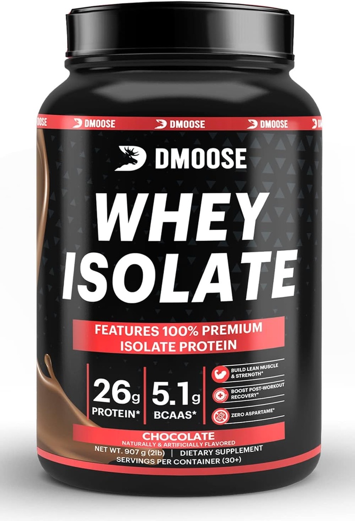 DMoose Whey Isolate Protéines Poudre I 26 g Protéines I 5.1g BCAAS I Sans gluten J'aide à maintenir la masse musculaire et diminuer le temps de récupération I Chocolat et vanille I 30 portions