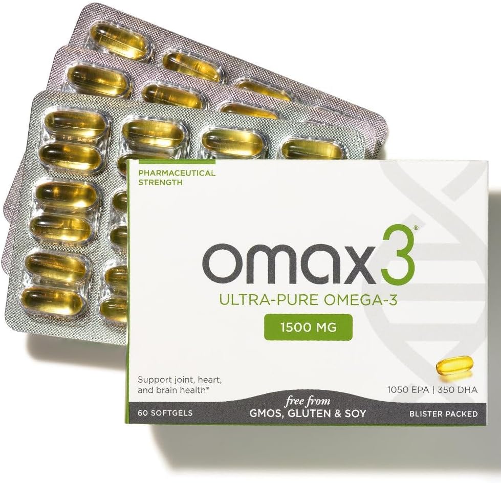 Omax3 Naturel Omega 3 Pilules d'huile de poisson 1500 MG EPA DHA - Omega3 suppléments acides gras Muscle et joint- sans gluten, prise sauvage, non OGM, 30 jours d'approvisionnement Plaquette emballée (1 boîte)