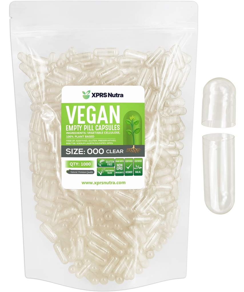 XPRS Nutra Vegan Size 000 Empty Capsules - 1000 Count Clear Empty Vegan Capsules - Vegetarian - DIY Vegetable Capsule Filling - Veggie Pill Caps Pills