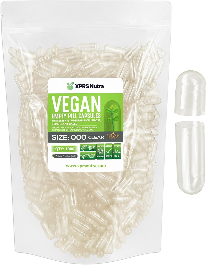 XPRS Nutra Vegan Taille 000 Capsules vides - 1000 Nombre Effacer Capsules vides Vegan - Végétarien - Bricolage Gélule végétale Remplissage - Veggie Pill Caps Pills