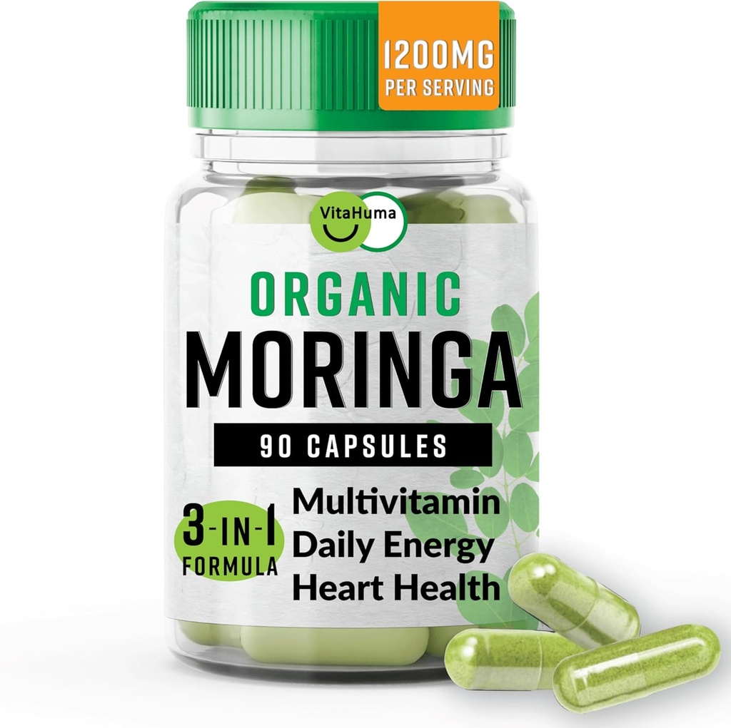 Moringa biologique, support antioxydant nutritif avec vitamine C, A, E, calcium, potassium, fer, magnésium, protéines et acides aminés pour l'hydratation et l'énergie, végétalien, 1200 MG par service, 90 CT