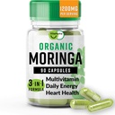 Moringa biologique, support antioxydant nutritif avec vitamine C, A, E, calcium, potassium, fer, magnésium, protéines et acides aminés pour l'hydratation et l'énergie, végétalien, 1200 MG par service, 90 CT