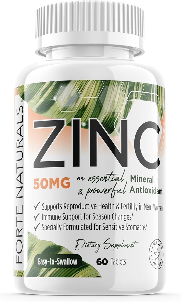 Zinc 50mg, (60 comprimés), spécialement formulé pour l'estomac sensible, le soutien immunitaire, la peau et les cheveux, supplément de zinc végétalien, non-OGM fabriqué aux États-Unis