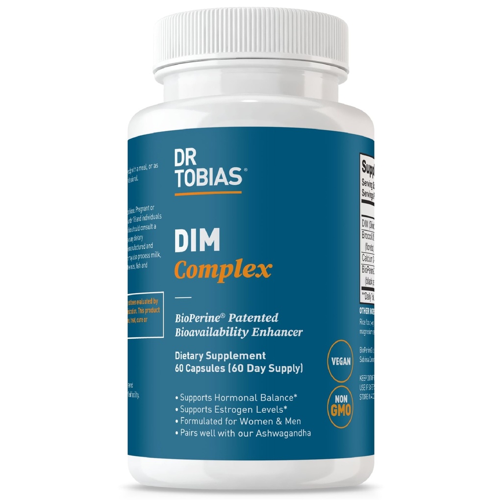 Dr. Tobias DIM Complex | Hormone Balance for Women & Men | DIM Supplement with BioPerine, Broccoli Extract & Calcium D-Glucarate - Estrogen Detox Balance Complex - Non-GMO Vegan (60 Capsules)