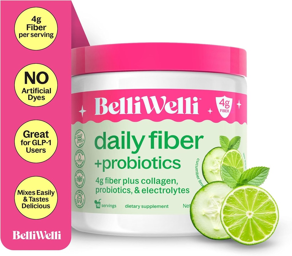 Belli Welli Fiber Supplément pour les femmes et les hommes – Poudre de fibre quotidienne premium de l'acacia biologique avec collagène ajouté, électrolytes et probiotiques – Pas de Bloat, Constipation et Gut Health Support (Cucumber)