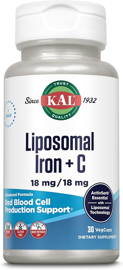 Supplément en fer liposomale KAL avec vitamine C liposomale, supplément en fer pour les femmes et les hommes, absorption élevée, pilules de fer douces, végétalien, sans gluten, 30 portions, 30 capsules