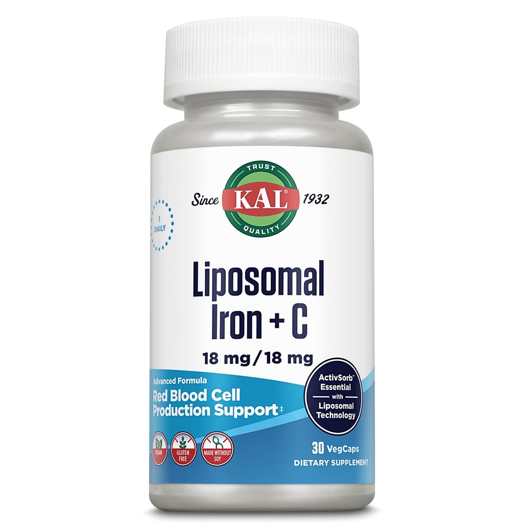 Supplément en fer liposomale KAL avec vitamine C liposomale, supplément en fer pour les femmes et les hommes, absorption élevée, pilules de fer douces, végétalien, sans gluten, 30 portions, 30 capsules