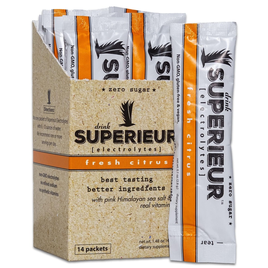 Superieur Electrolyte Powder Packets - Vegan Electrolyte Powder w/Sea Minerals - Keto Friendly, Non-OGM, Zero Sugar Electrolyte Supplément - Boissons sportives saines - Citrus (14 Packets)