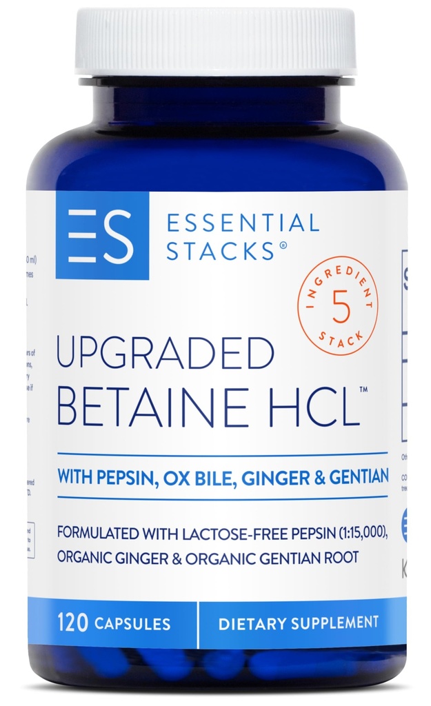 Stacks essentiels Betaine HCL avec Pepsin, Ox Bile, Organic Gentian & Ginger - Supplément de chlorhydrate de bétaïne w Enzymes, biles et amers digestifs - sans gluten, sans lait et sans soja (120 capsules)