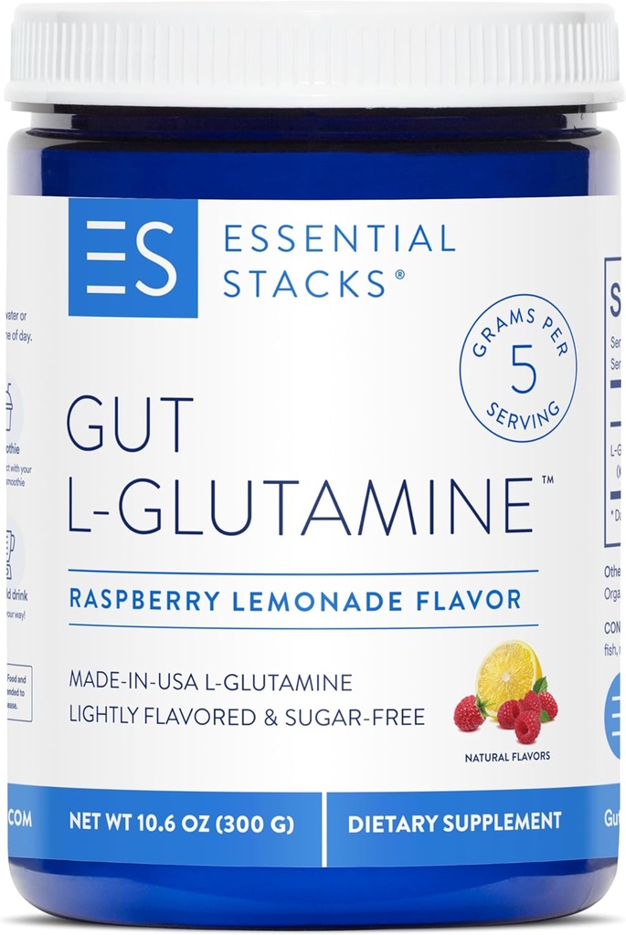 Stacks essentiels Gut L-Glutamine en poudre - Fabriqué exclusivement aux États-Unis - Pure L Glutamine en poudre pour la santé Gut (50 portions, Lémonade aux framboises)