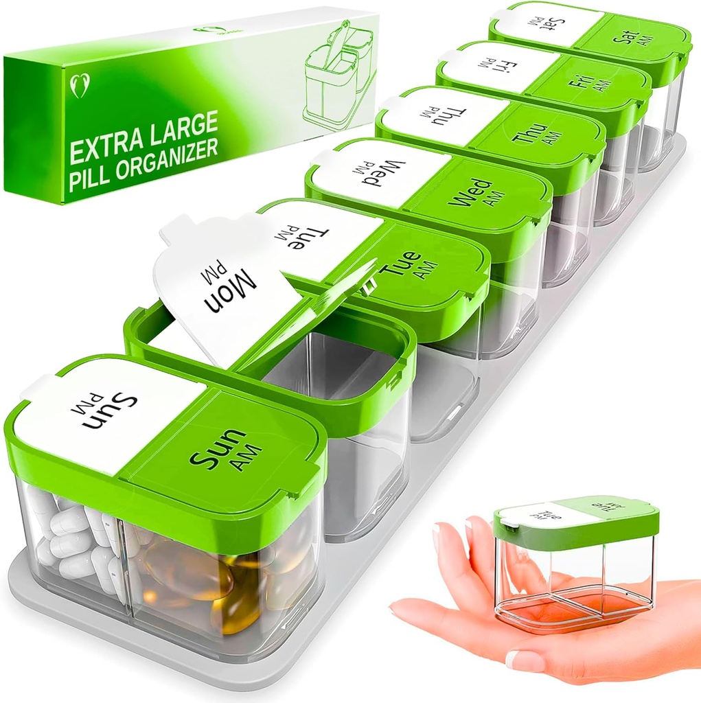 Très grand organisateur hebdomadaire de pilules - XL Vitamine Holder avec 7 compartiments de PM amovibles - distributeur de médicaments portatifs pour la maison et le voyage, grand contenant de supplément pour usage hebdomadaire ou quotidien, vert