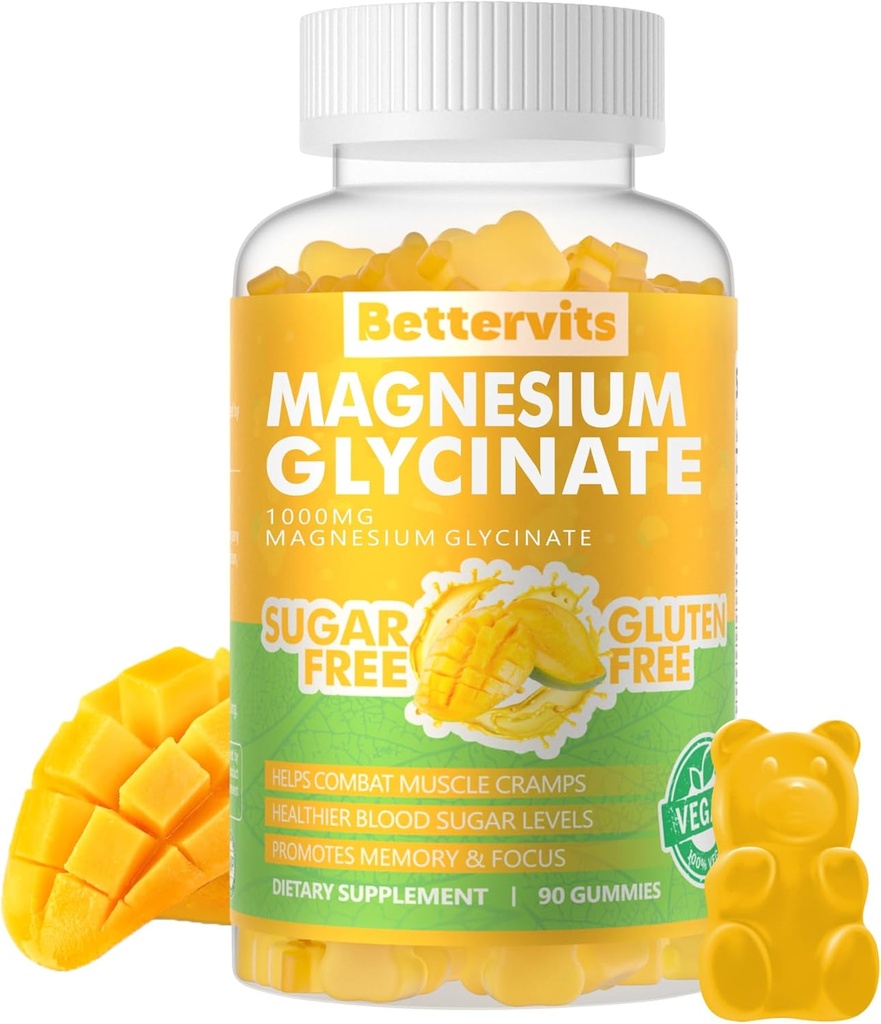 90 CT Glycinat de magnésium Gommies 1000mg - Supplément de potassium de magnésium sans sucre avec vitamine D, B6, CoQ10 pour l'humeur calme et le soutien du sommeil - 90 Gommies d'ananas de mangue