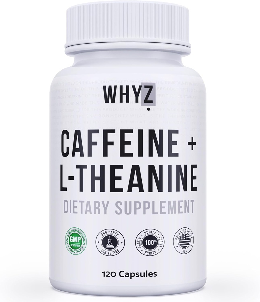 WHYZ Pilules de caféine avec L-Theanine, 120 Capsules, Pilules d'énergie de Stack Nootropic, Vitamines énergétiques pour une énergie soutenue Focus & Fonction cognitive, L Theanine Suppléments d'énergie de caféine pour les femmes et les hommes
