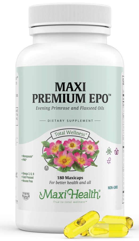 Maxi-Health Soiring Primrose and Flax Seeds Oil Softgels - Vegan Omega 3 6 9 Suppléments pour la peau, les cheveux et les articulations saines - Kosher Certified, Organic Soiring Primrose Oil Softgels, 180 Comte