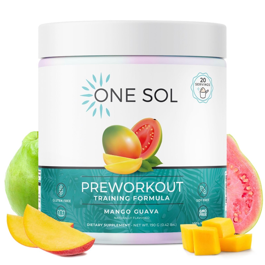 Un seul Sol pré-entraînement pour les femmes, pompe et focus améliorés, pas de jitters ou de crash, ingrédients naturels, 100% végétalien, sans gluten et sans soja, (Mango Guava)