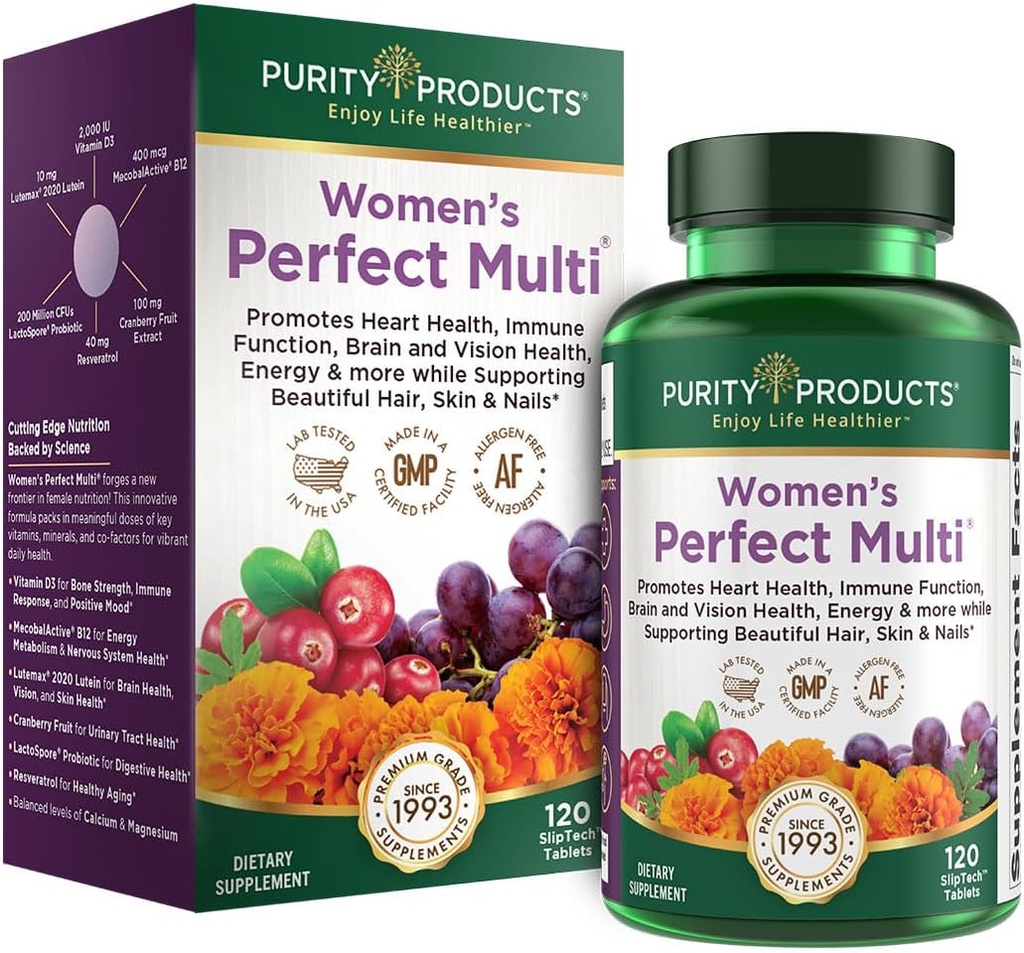 Produits de pureté Femmes Perfect Multivitamine équilibré Multi - Soutient la santé urinaire, immunitaire, os + muscles, cheveux, peau, ongles, un probiotique Elite pour la santé digestive + Plus - 120 comprimés