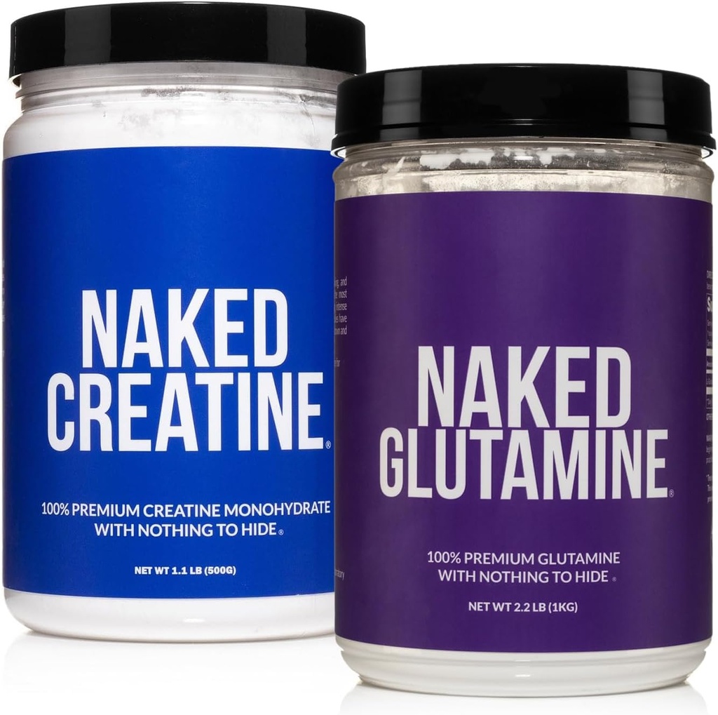 Naked Pure Micronized Creatine Monohydrate 100 Servings + 200 Servings Pure L-Glutamine Bundle: Vegan, Non-GMO, Gluten Free. Minimize Muscle Breakdown & Improve Protein Synthesis. Nothing Artificial