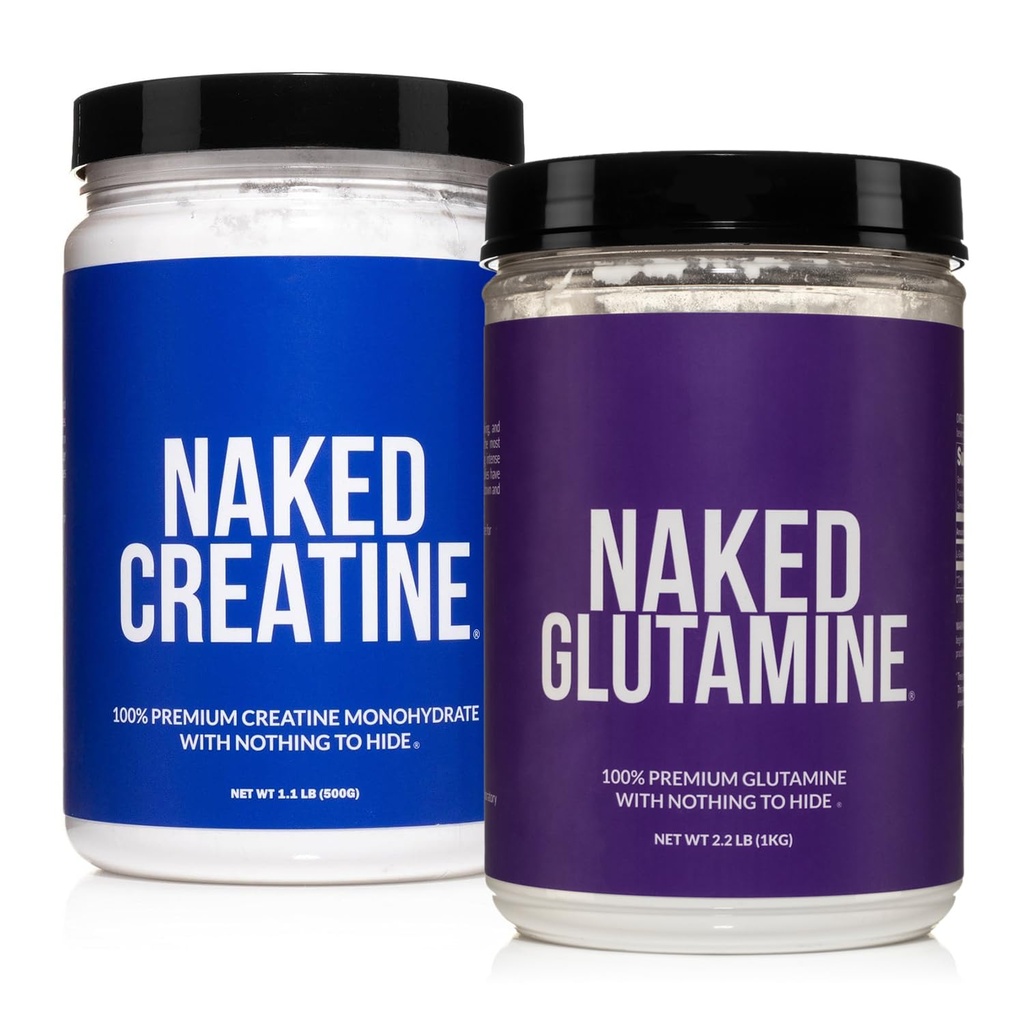 Naked Pure Micronized Creatine Monohydrate 100 portions + 200 portions Pure L-Glutamine Bundle: Vegan, Non-GMO, Sans gluten. Minimiser la ventilation musculaire et améliorer la synthèse protéique. Rien d'artificiel