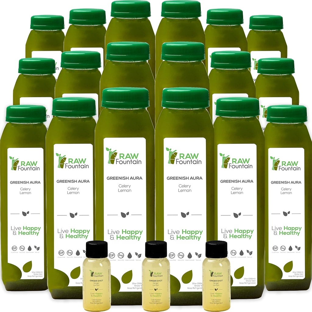 Céleri Juice Cleanse par Fountain Raw, Tous naturels crus, Jus pressés froids, Détox Cleanse matin, 30 bouteilles 12oz, 5 Bonus Ginger Shots